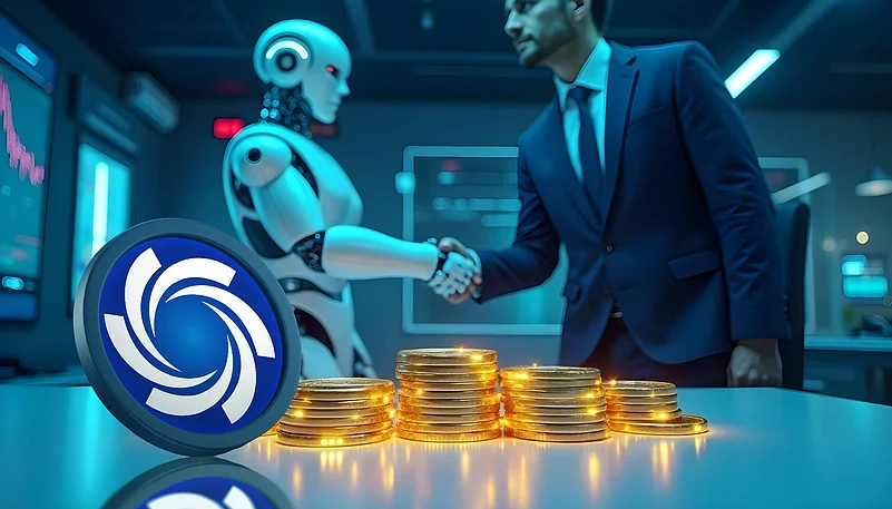 Robot and businessman shake hands beside glowing coins and crypto token, symbolizing AI finance