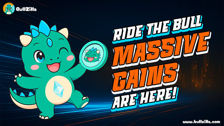 A cartoon teal dragon holding a crypto coin. Text: RIDE THE BULL MASSIVE GAINS ARE HERE!