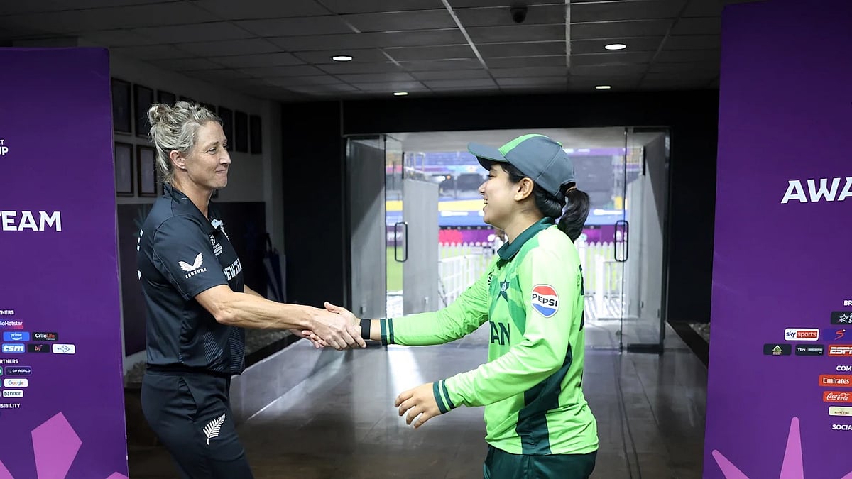 ICC : Captains Sophie Devine and Fatima Sana shake hands after the Pakistan Vs New Zealand, ICC Women's World Cup 2025 match was washed out in Colombo.