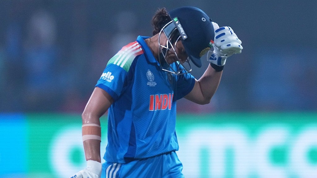 AP : Smriti Mandhana reacts as she leaves the field after losing her wicket during the ICC Women's Cricket World Cup match between India and England in Indore.