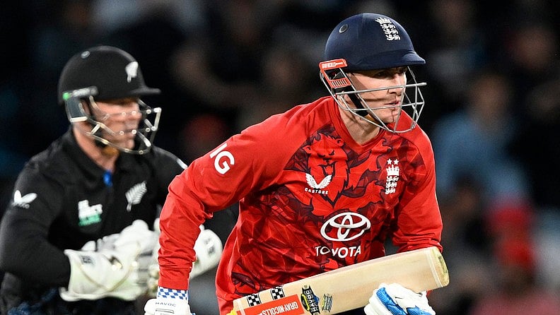 Photo: Andrew Cornaga/Photosport via AP                                       : Harry Brook takes a run during the first T20 international between New Zealand and England in Christchurch.