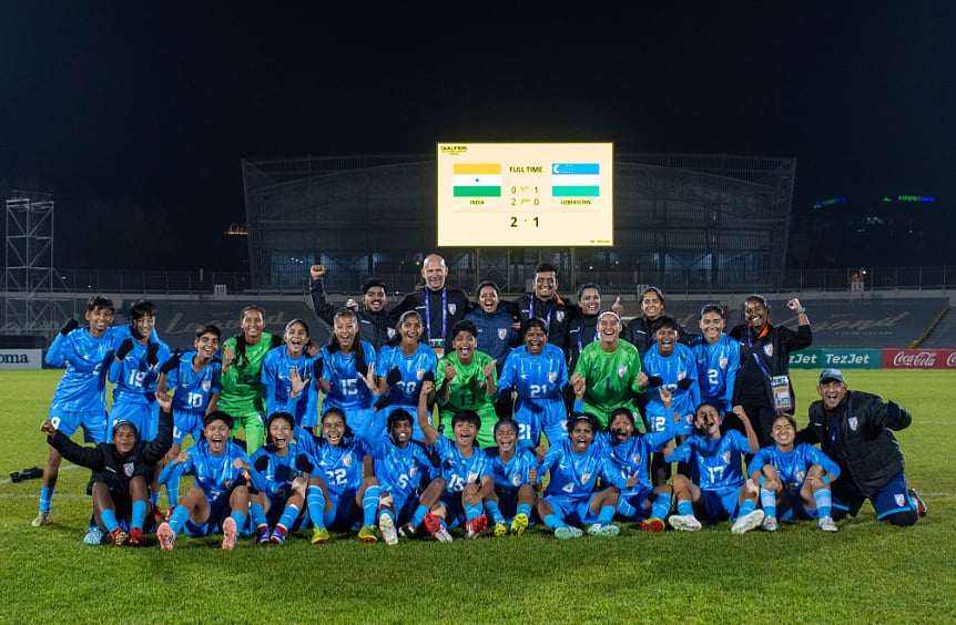 X/AIFF : Indian U17 team celebrating after qualifying for the AFC Asian Cup 2026 in China 