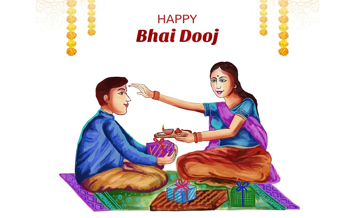 Illustration of a sister performing a tilak ceremony on her brother for Happy Bhai Dooj.