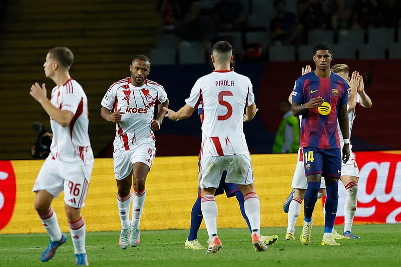 Spain soccer UEFA Champions League 2025-26 Barcelona Vs Olympiacos_Ayoub El Kaabi