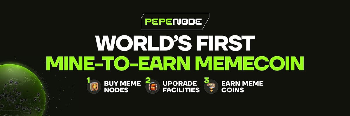 Banner with text ‘World’s First Mine-to-Earn Memecoin’ showing steps to buy, upgrade, and earn
