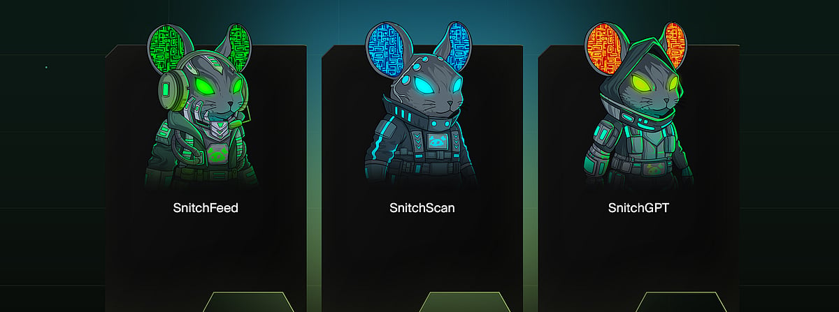 Three dark, futuristic mouse characters labeled SnitchFeed, SnitchScan, and SnitchGPT.