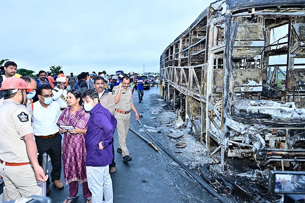 | Photo: PTI : Hyderabad-bound private bus caught fire in Kurnool