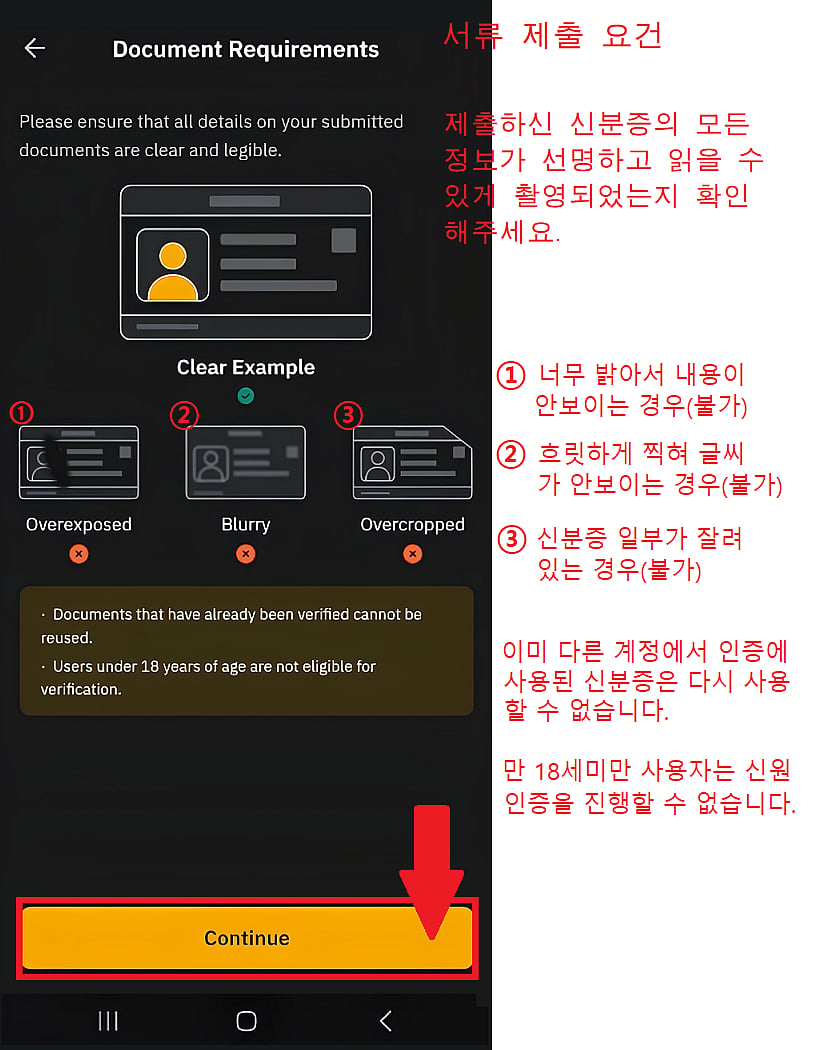 KYC document guidelines showing clear, blurry, and overcropped ID examples.