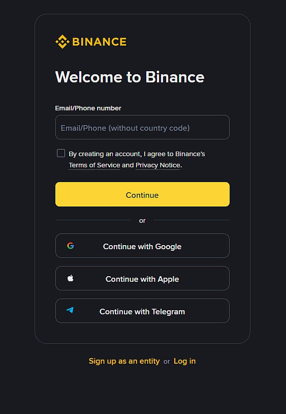 Login page of Binance 
