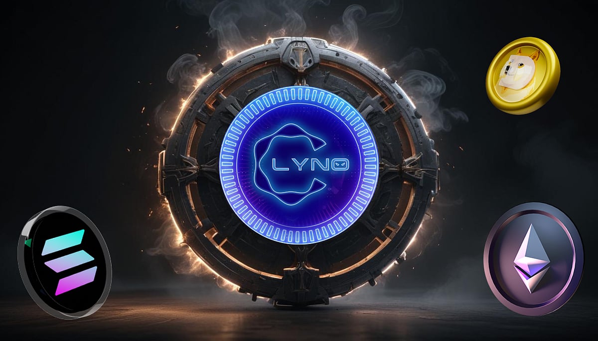 A large glowing blue portal-like LYNO logo with Solana, Dogecoin, and Ethereum coins.
