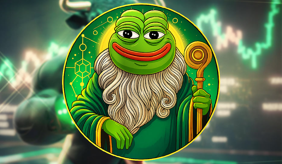 An illustration of Pepe the Frog with a white beard and staff, on a background with a bull and chart