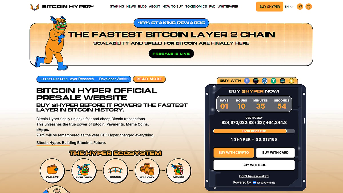 Bitcoin Hyper website with text The Fastest Bitcoin Layer 2 Chain and a presale countdown.