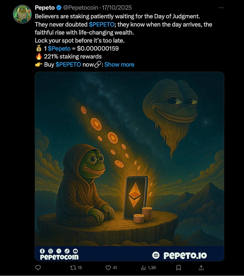 A tweet about $PEPETO coin staking, with a cartoon frog character and floating crypto coins