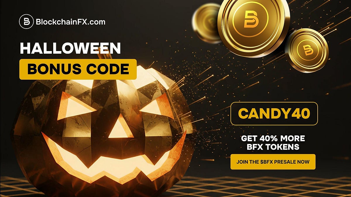 A glowing geometric Halloween jack-o-lantern advertising a BlockchainFX bonus code.
