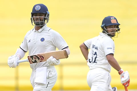 Jharkhand's Ishan Kishan and Virat Singh sprint between the wickets during the second day of the Ranji Trophy match between Vidarbha and Jharkhand at VCA Stadium, in Nagpur, Maharashtra.
