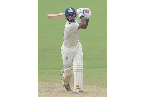 Gujarat's Umang Kumar plays a shot during the second day of the Ranji Trophy cricket match between Bengal and Gujarat, at Eden Gardens, in Kolkata, West Bengal.