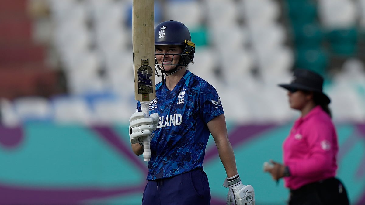 | Photo: A{Mahesh Kumar A. : England's Amy Jones celebrates after scoring fifty runs during the ICC Women's Cricket World Cup match between England and New Zealand at ACA–VDCA Cricket Stadium in Visakhapatnam, India, Sunday, Oct. 26, 2025.