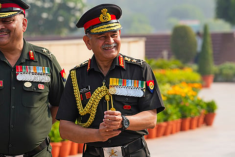 Army Staff Chief General Upendra Dwivedi during wreath laying ceremony on the occasion of 79th Infantry Day celebrations, at National War Memorial in New Delhi.