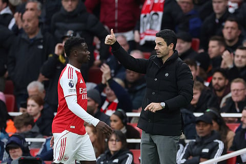 Arsenal's manager Mikel Arteta gives instructions during the English Premier League soccer match between Arsenal and Crystal Palace in London.