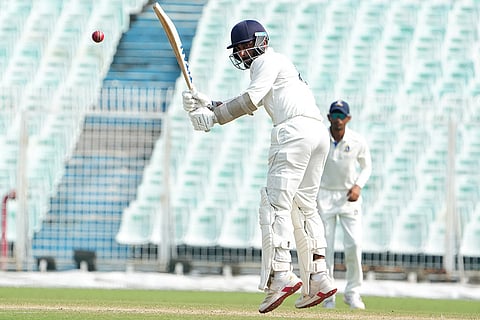 Gujarat's Arzan Nagwaswalla plays a shot on Day 3 of the Ranji Trophy match at Eden Gardens, Kolkata.