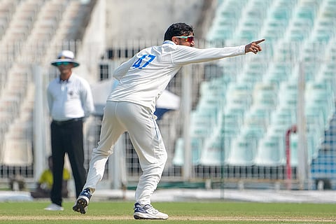 Bengal's Shahbaz Ahmed makes an appeal on Day 3 of the Ranji Trophy cricket match between Bengal and Gujarat, at Eden Gardens, in Kolkata.