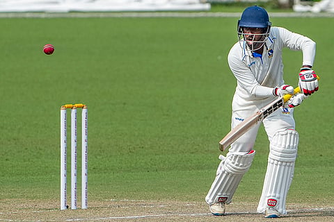 Bengal's Sudip Kumar Gharami plays a shot during day three of the Ranji Trophy cricket match against Gujarat at Eden Gardens, in Kolkata.