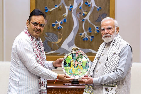 Prime Minister Narendra Modi with Rajasthan Chief Minister Bhajanlal Sharma during a meeting, in New Delhi. 