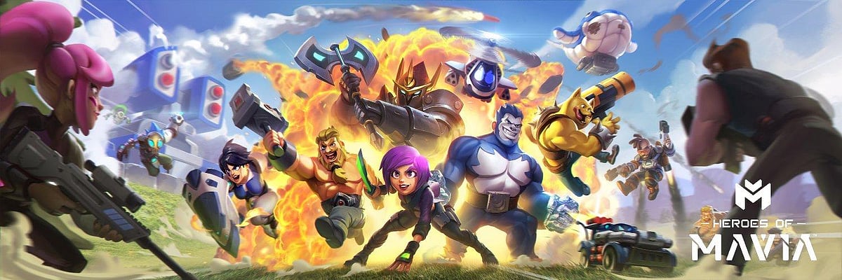 Vibrant fantasy artwork featuring characters from the mobile game Heroes of Mavia.