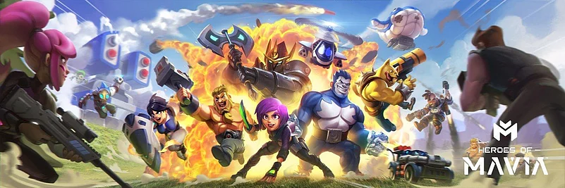 Vibrant fantasy artwork featuring characters from the mobile game Heroes of Mavia.