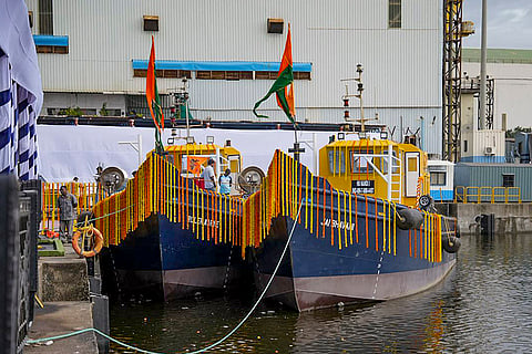 A view of Deep-Sea Fishing Vessels set to be inaugurated by Union Home Minister Amit Shah, at Mazagon Dock, in Mumbai, Maharashtra.