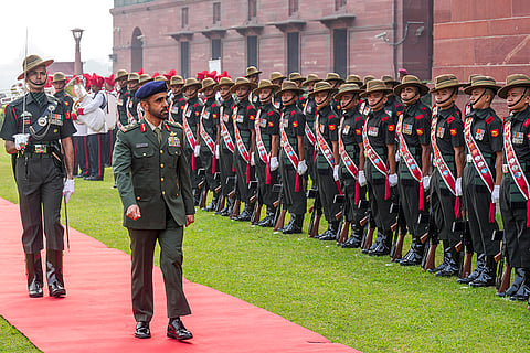 UAE Land Forces Commander Major General Yousef Mayouf Al Halami during his ceremonial welcome at the South Block Lawn, in New Delhi.
