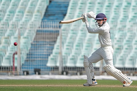 Gujarat's Manan Hingrajia plays a shot on Day 3 of the Ranji Trophy cricket match between Bengal and Gujarat, at Eden Gardens, in Kolkata.