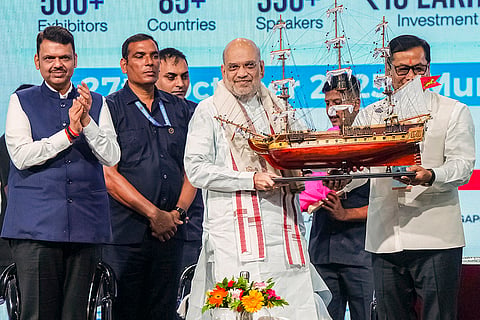 Union Home Minister Amit Shah, Maharashtra CM Devendra Fadnavis and Union Minister Sarbananda Sonowal, during an event marking 'India Maritime Week 2025', in Mumbai, Maharashtra.