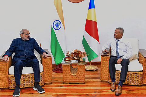 Vice President C.P. Radhakrishnan with Vice President of Seychelles Sebastien Pillay during a meeting, in Seychelles. 