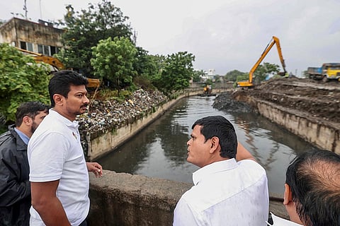 Tamil Nadu Deputy Chief Minister Udhayanidhi Stalin inspects the ongoing dredging and widening work at the Kodungaiyur canal as a precautionary measure against Cyclone 'Montha', in Chennai. 