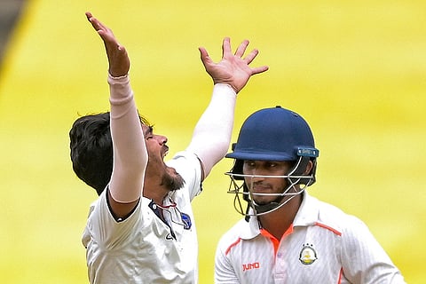 Jharkhand's Sahil Raj appeals during the fourth day of the Ranji Trophy match between Vidarbha and Jharkhand at VCA Stadium, in Nagpur, Maharashtra.