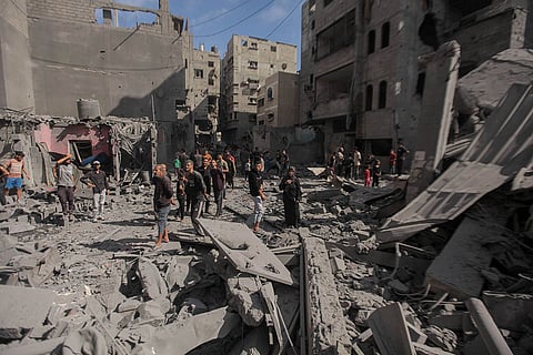 Israeli warplanes launched heavy airstrikes targeting an entire residential block near the Al-Sousi Mosque in Al-Shati refugee camp, west of Gaza City. INT Israeli warplanes launched heavy airstrikes targeting an entire residential block near the Al-Sousi Mosque in Al-Shati refugee camp, west of Gaza City.