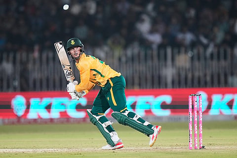 South Africa's George Linda bats during the first T20 cricket match between Pakistan and South Africa, in Rawalpindi, Pakistan.