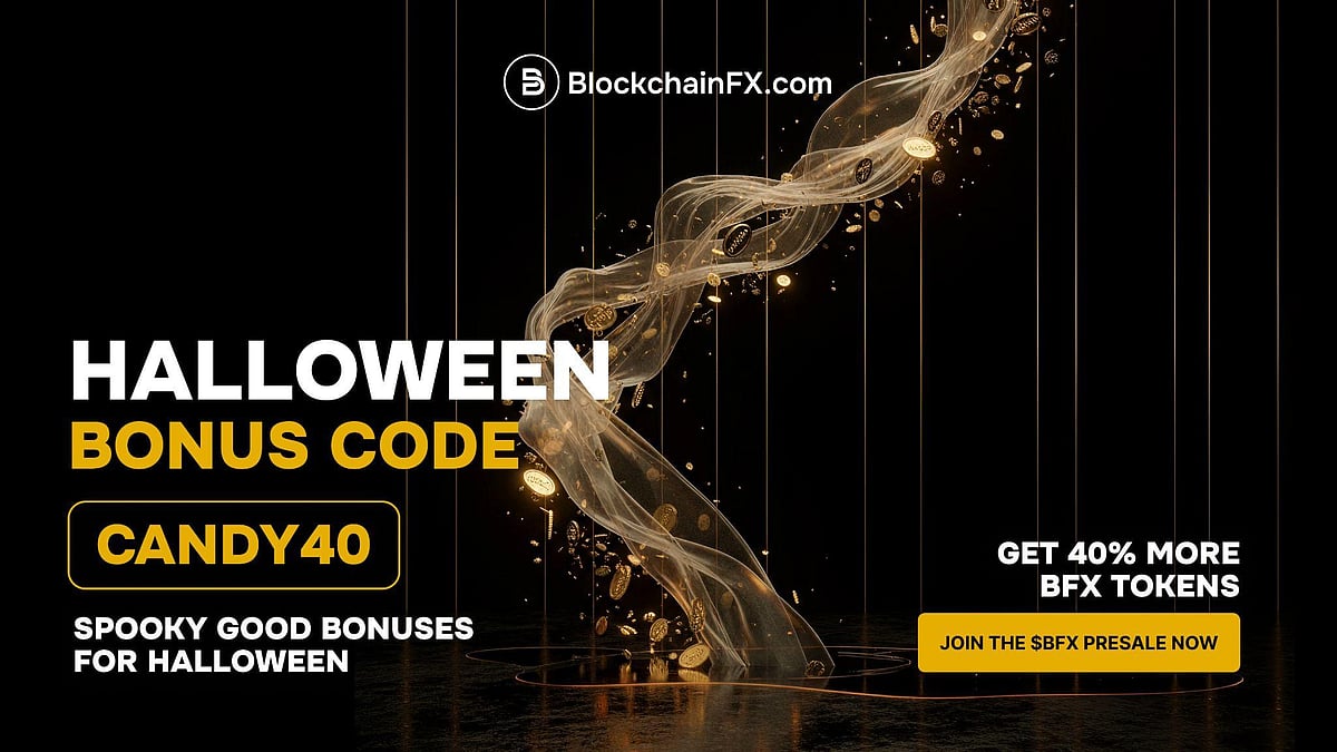 Halloween bonus banner showing code CANDY40 for 40% more BFX tokens.