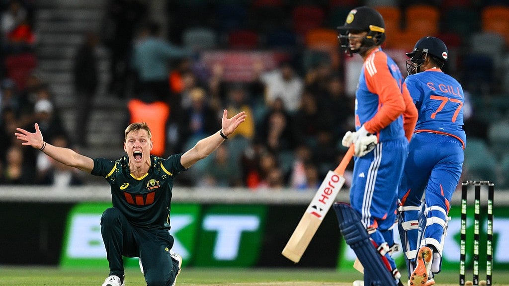 Lukas Coch/AAPImage via AP : Nathan Ellis of Australia appeals unsuccessfully for the wicket of India's Shubman Gill during the first T20 international in Canberra.