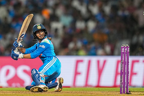 India's Jemimah Rodrigues plays a shot during an ICC Women's World Cup semifinal ODI cricket match between India Women and Australia Women, at the DY Patil Stadium, in Navi Mumbai.