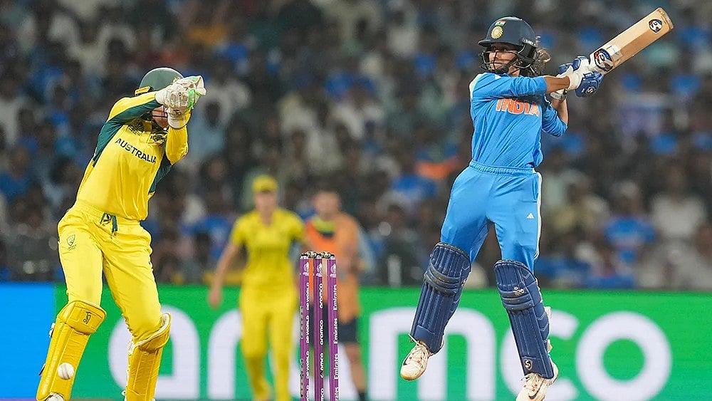| Photo: PTI/Kunal Patil : India's Jemimah Rodrigues plays a shot during an ICC Women's World Cup semifinal ODI cricket match between India Women and Australia Women, at the DY Patil Stadium, in Navi Mumbai.