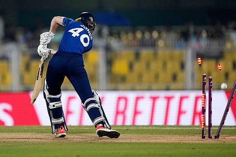 England's Amy Jones bowled out by South Africa's Marizanne Kapp during the ICC Women's Cricket World Cup first semifinal match between England and South Africa at Barsapara Cricket Stadium in Guwahati.