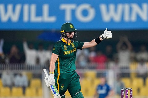 South Africa's Nadine de Klerk plays a shot during the ICC Women's Cricket World Cup first semifinal match between England and South Africa at Barsapara Cricket Stadium in Guwahati.