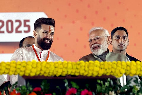 Bihar Elections, PM Modi campaigns: Prime Minister Narendra Modi with Union Minister Chirag Paswan during a public rally ahead of the Bihar Assembly elections, in Chhapra, Bihar. 