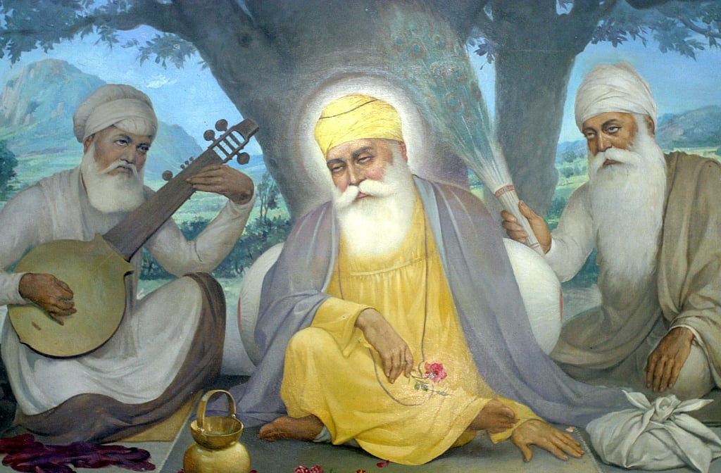 Guru Nanak Dev Ji with Bhai Mardana (playing rebec) and Bhai Bala (holding fan).