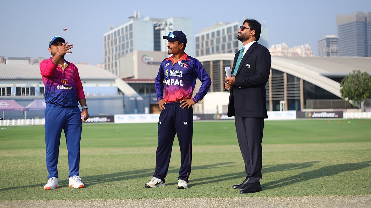 X/CricketNep : Captains and Rohit Paudel at the toss for the Nepal vs UAE match of ICC Men's Cricket World Cup League Two 2023-27.