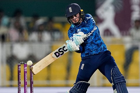 England's Danielle Wyatt-Hodge plays a shot during the ICC Women's Cricket World Cup first semifinal match between England and South Africa at Barsapara Cricket Stadium in Guwahati.