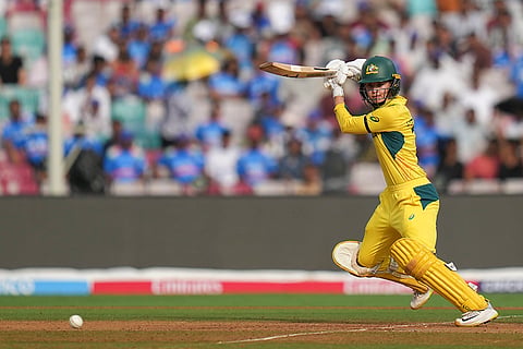 Australia's Phoebe Litchfield plays a shot during an ICC Women's World Cup semifinal ODI cricket match between India Women and Australia Women, at the DY Patil Stadium, in Navi Mumbai.