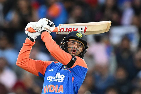 India's Abhishek Sharma bats against Australia during their T20 cricket match in Melbourne, Australia.